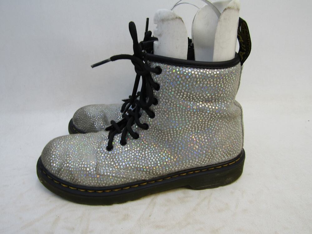 Dr. Martens Youth Size 4 Silver Glitter Fabric Lace Up 8 Eye Ankle Boots